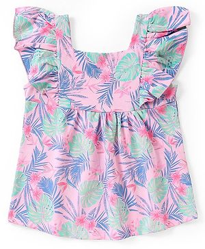 Babyhug 100% Cotton Knit Frill Sleeves Top with Tropical Theme & Frill Detailing- Pink