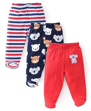 Babyhug Cotton Full Length Bootie Leggings Koala Bear Print Pack of 3 - Blue & Red