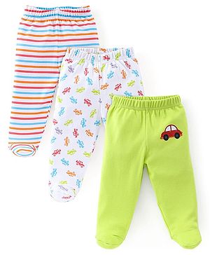 Babyhug Cotton Full Length Bootie Leggings Car Print Pack of 3 - Green White & Red