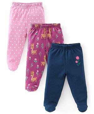Babyhug Cotton Full Length Bootie Leggings Deer Print Pack of 3 - Pink & Blue