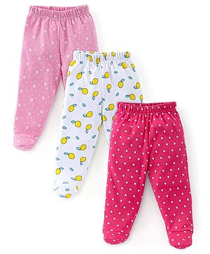 Babyhug Cotton Knit Footed Bootie Legging With Star & Lemon Print Pack of 3  - Red White & Pink