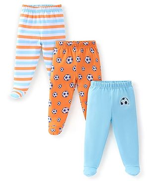 Babyhug Cotton Full Length Bootie Leggings Stripes & Football Print Pack Of 3- Blue & Orange