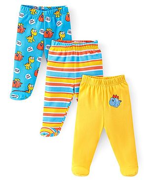 Babyhug Cotton Footed Bootie Leggings Striped & Dino Print Pack of 3 - White Blue & Yellow