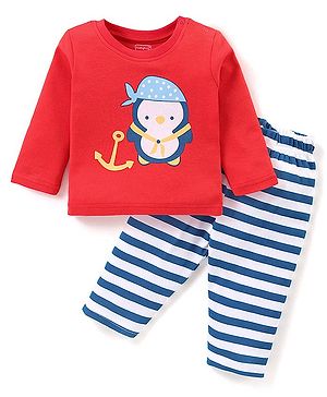 Babyhug Cotton Interlock Full Sleeves  Night Suit Penguin Print - Red & Blue