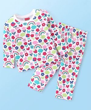 Babyhug Interlock Cotton Knit Full Sleeves Floral Print Night Suit - White
