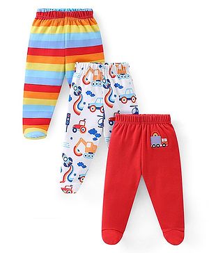 Babyhug Cotton Knit Footed Bootie Leggings Stripes Car & Truck Print Pack of 3- Multicolour