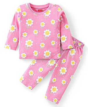 Babyhug Interlock Cotton Knit Full Sleeves Floral Printed Night Suit - Pink