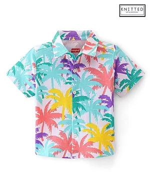 Babyhug 100% Cotton Knit Half Sleeves Regular Collar Shirt With Palm Tree Print- White