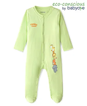 Babyoye 100% Cotton with Eco Jiva Finish Full Sleeves Sleep Suit With Animals Print - Green