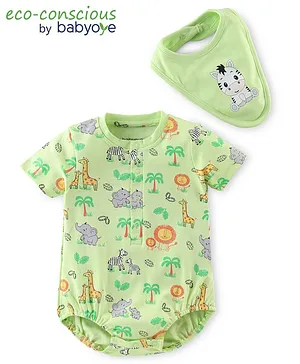 Babyoye  100% Cotton Knit with Eco Jiva Finish Half Sleeves Onesies with Bib Jungle Theme Print -Green