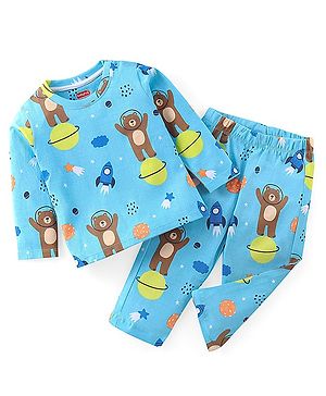 Babyhug Cotton Knit Full Sleeves Teddy Printed Night Suit - Blue