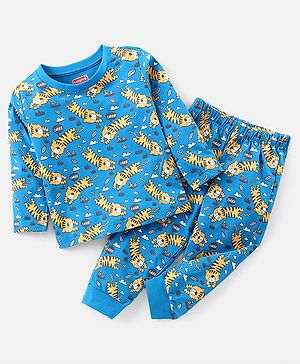 Babyhug Cotton Knit Full Sleeves Night Suit Tiger Print - Blue