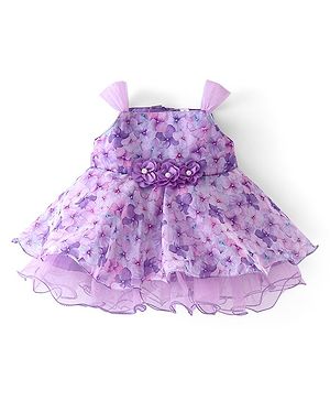 Babyhug Sleeveless Floral  Digital Printed Party Frock with Floral Applique - Lavender