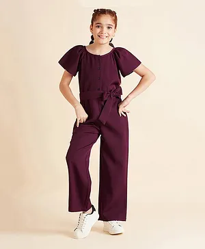 Cherry & Jerry Half Sleeves Solid With Bow Belt Detailed Jumpsuit -  Burgundy