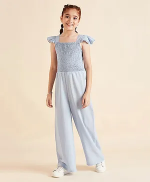 Cherry & Jerry Cap Sleeves Smocked Bodice Detailed   Jumpsuit - Blue