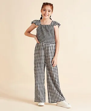 Cherry & Jerry  Cap Sleeves Checked &  Smocked Bodice   Jumpsuit -Black