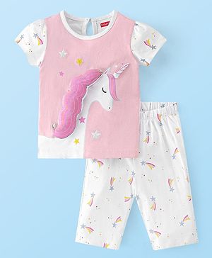 Babyhug Cotton Knit Single Jersey Half Sleeves Capri Night Suit With Unicorn Applique - Pink