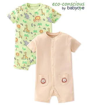 Babyoye 100% Cotton with Eco Jiva Finish Half Sleeves Romper Lion Print Pack of 2 - Multicolor