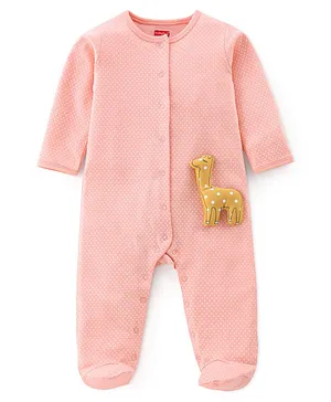 Babyhug Cotton Knit Footed Sleepsuit With Polka Dots Print & Giraffe Applique - Pink