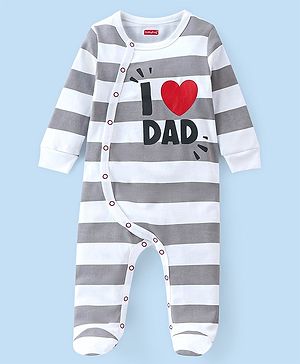 Babyhug Cotton Knit Footed Sleepsuit With Striped Print - Grey