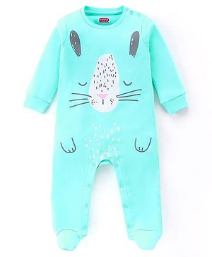 Babyhug Cotton Knit Full Sleeves Footed Sleep Suit With Bunny Print - Blue