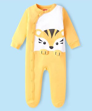 Babyhug Cotton Interlock Knit Full Sleeves Tiger Printed Footed Sleepsuit - Yellow