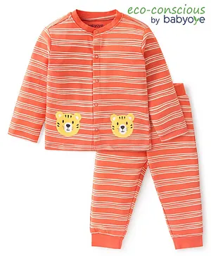 Babyoye 100% Cotton With Eco Jiva Finish Full Sleeves Night Suit With Tiger Print & Striped - Orange