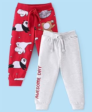 Babyhug Cotton Knit Full Length Lounge Pant With Panda & Hippo Print Pack Of 2 - Grey & Red