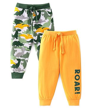 Babyhug Cotton Jersey Knit Full Length Lounge Pants Dino Printed Pack of 2 - Green & Yellow