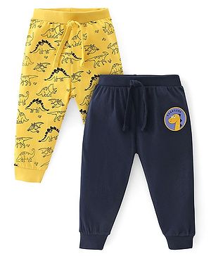 Babyhug Cotton Knit Full Length Lounge Pants Dino Printed Pack of 2 - Yellow & Navy Blue