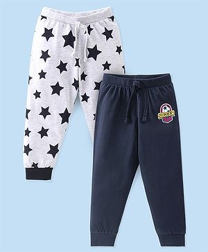 Babyhug Cotton Jersey Knit Full Length Lounge Pants Star Printed Pack of 2 - Grey & Navy Blue