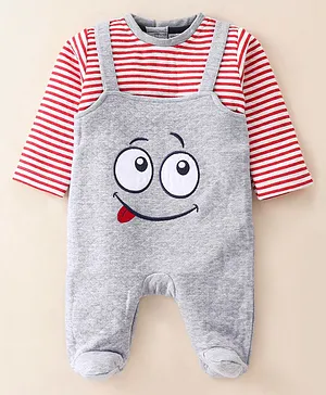 Wonderchild Full Sleeves Striped Tee With Face Embroidered Romper - Grey