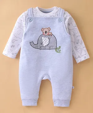 Wonderchild Full Sleeves Animals Printed Tee With Elephant Embroidered Dungaree  - Sky Blue