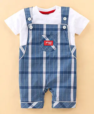 Wonderchild Half Sleeves Solid Tee With Tartan Window Pane Checked Dungaree - Indigo Blue