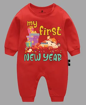 The Peppy Tend New Year Theme Full Sleeves My First New Year Text Printed Unisex Romper - Red