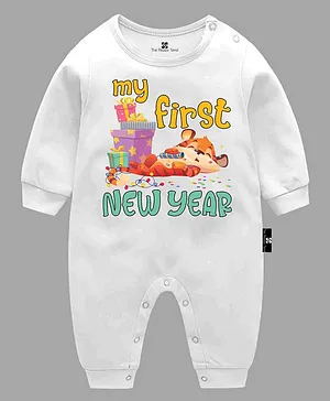 The Peppy Tend New Year  Theme Full Sleeves My First New Year Text Printed Unisex Romper - White