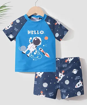 Kookie Kids Half Sleeves Two Piece Swimsuit Astronaut  Print - Navy Blue