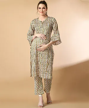 Mometernity Three Fourth Bell Sleeves Seamless Kantha Printed Rayon Maternity Kurta Set With Concealed Zipper Nursing Access - White & Multi Colour