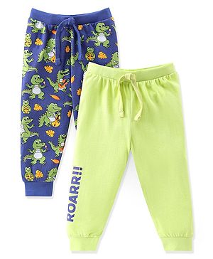 Babyhug Cotton Jersey Knit Full Length Lounge Pants Dino Printed Pack of 2 - Green & Blue