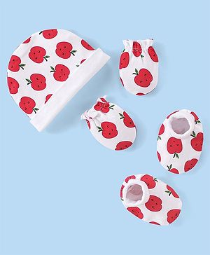 Babyhug 100% Cotton Knit Cap Mittens & Booties Apple Print - Red