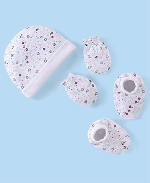 Babyhug 100% Cotton Knit Cap Mittens & Booties Floral Print - White
