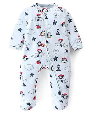 Babyhug Cotton Knit Full Sleeves Footed Sleep Suit Penguin Print - Blue