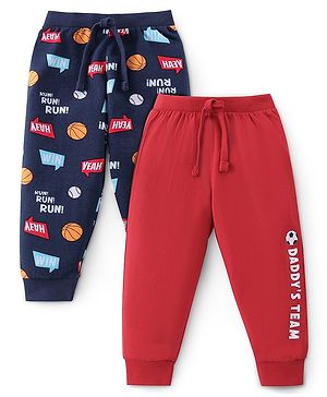 Babyhug Cotton Full Length Lounge Pant Text Printed Pack of 2 - Red & Blue