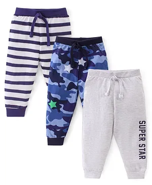Babyhug Cotton Jersey Knit Full Length Lounge Pants Striped & Star Print Pack of 3 - Multicolor