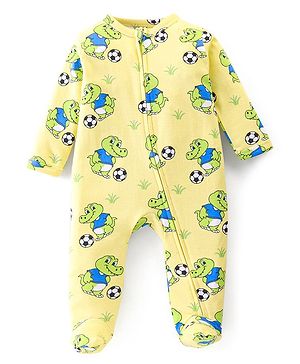 Babyhug Interlock Cotton Knit Full Sleeves Crocodile Print Sleep Suit- Yellow
