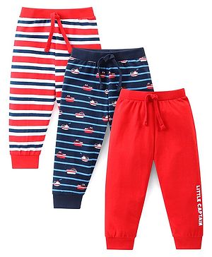Babyhug Cotton Knit Full Length Striped & Solid Colour Lounge Pants Pack of 3 - Multicolour