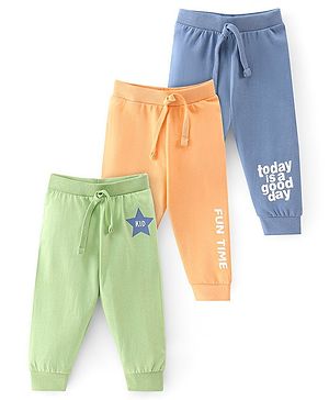 Babyhug Cotton Knit Full Length Lounge Pant With Text Print Pack Of 3 - Orange Green & Blue