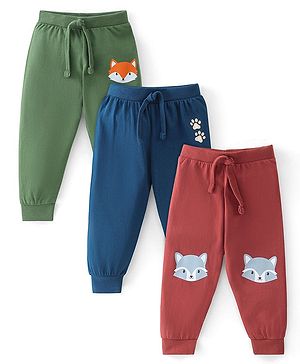 Babyhug Cotton Full Length Lounge Pants Fox Print Pack of 3 - Blue Green & Red