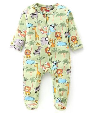 Babyhug Cotton Knit Full Sleeves Footed Sleep Suit With Dino Print - Green