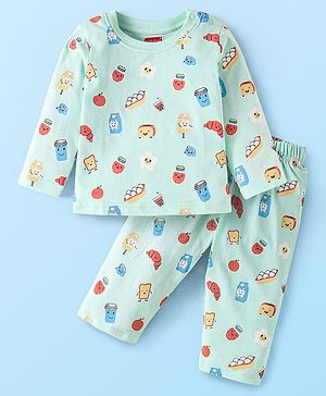 Babyhug Interlock Knit Full Sleeves Night Suit Eggs & Bread Printed - Blue